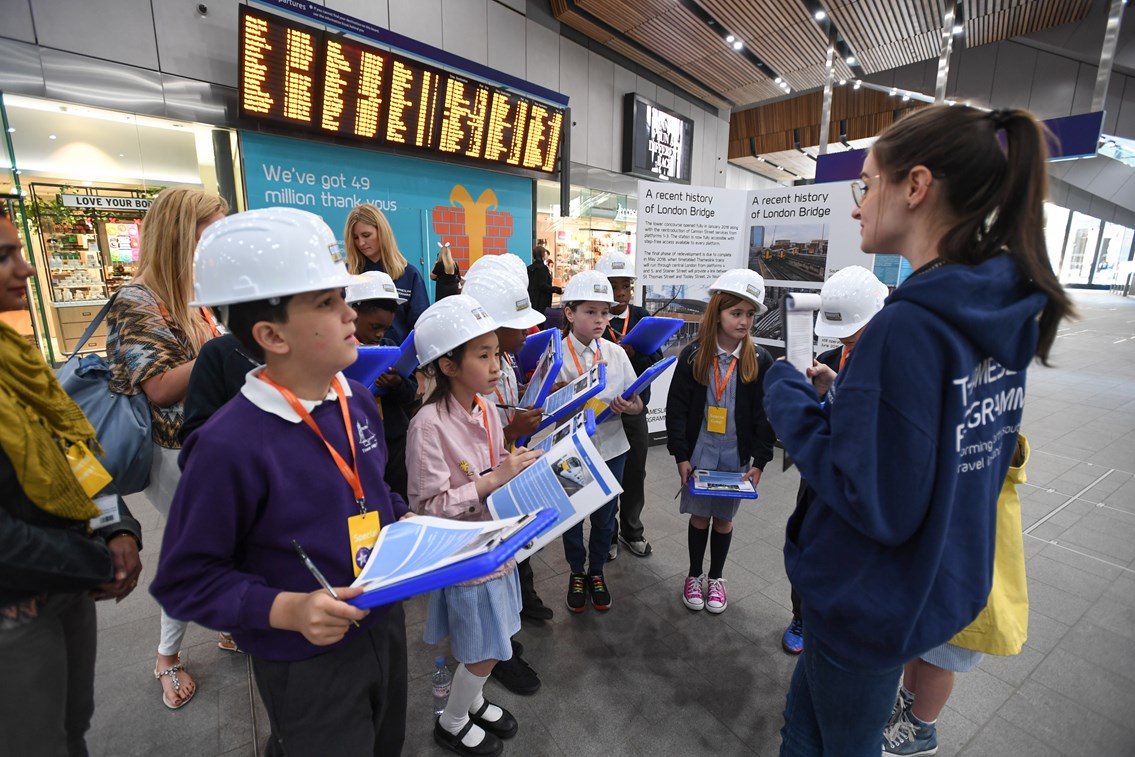 Picture Caption: Children from local primary school learn about London Bridge station and reopening on a 'Treasure Hunt': CW1 7249