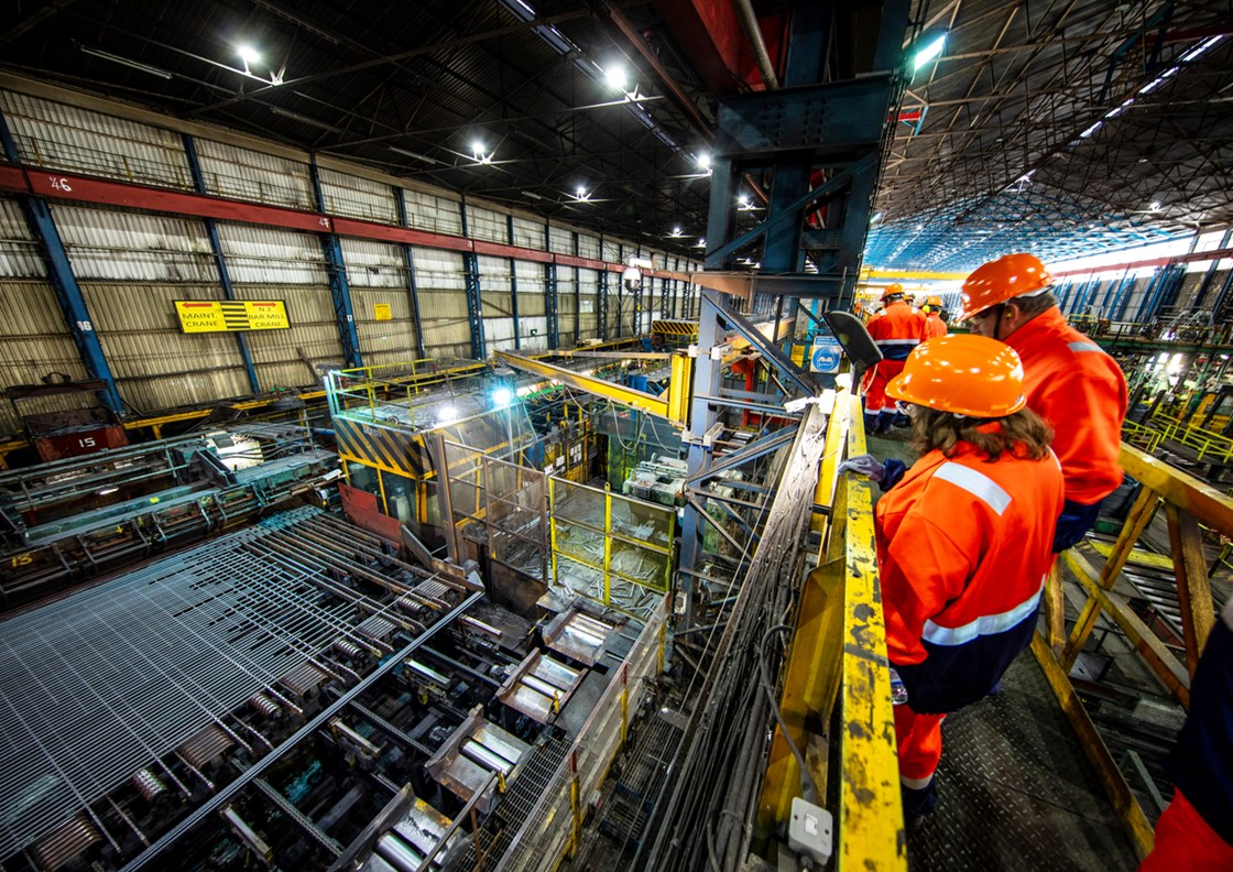 Members of the Welsh Government visit CELSA Steel UK in Cardiff to see steel being produced for HS2