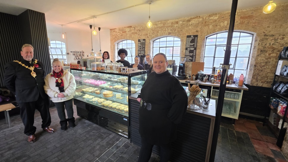 The mayor of dudley with business owner Zoe Konopka and team at the red house cone coffee shop