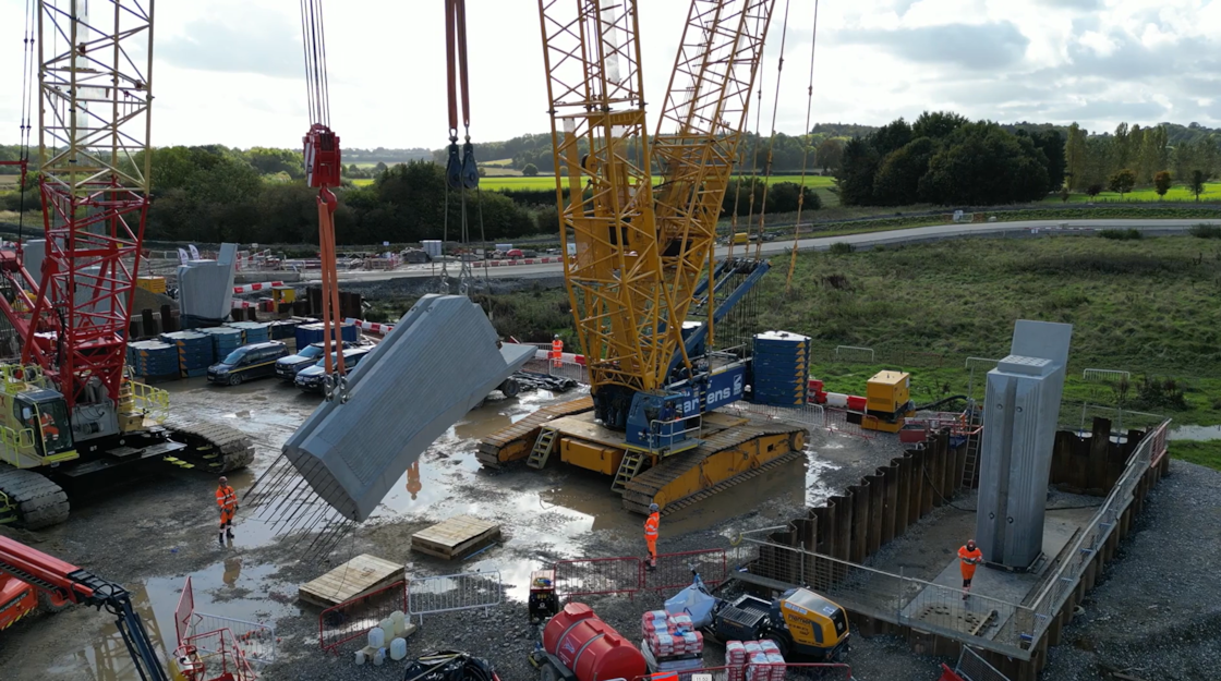 A pier is lifted into a vertical position before being installed at Edgcote viaduct Oct 2024