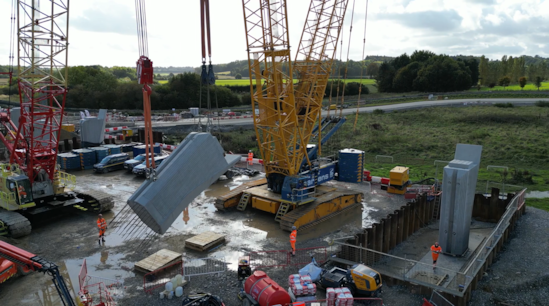 A pier is lifted into a vertical position before being installed at Edgcote viaduct Oct 2024