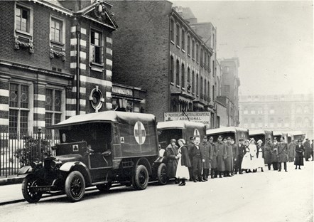 Great Northern Hospital annexe at North Library, Manor Gardens. Last troops leaving the library in March 1919
