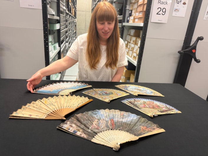 Antique fans: Curator Natalie Raw with a selection of some of the 400 antique fans cared for at Leeds Discovery Centre.
Mostly dating from the 18th and 19th centuries, many of the fans’ elaborate designs portray scenes of love taken from Greek or Roman mythology, colourful birds or Far Eastern imagery and were once a must-have accompaniment to any lady’s outfit in high society.
