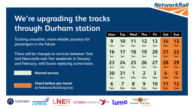 Check before you travel this January and February - Durham track upgrade