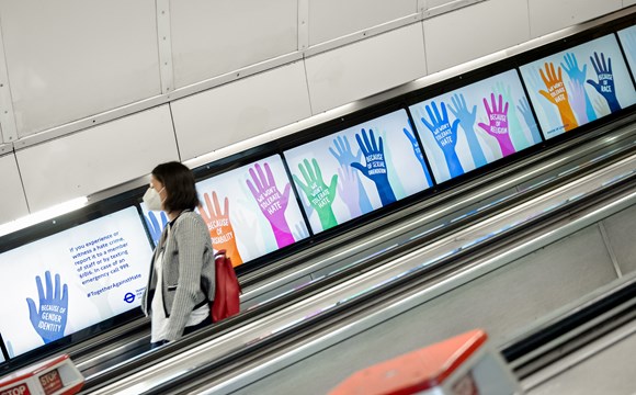 TfL Press Release - TfL, transport police and community groups take a stand against hate crime and abuse: TfL Image - Underground escalator posters  - we won't stand for abuse of TfL staff