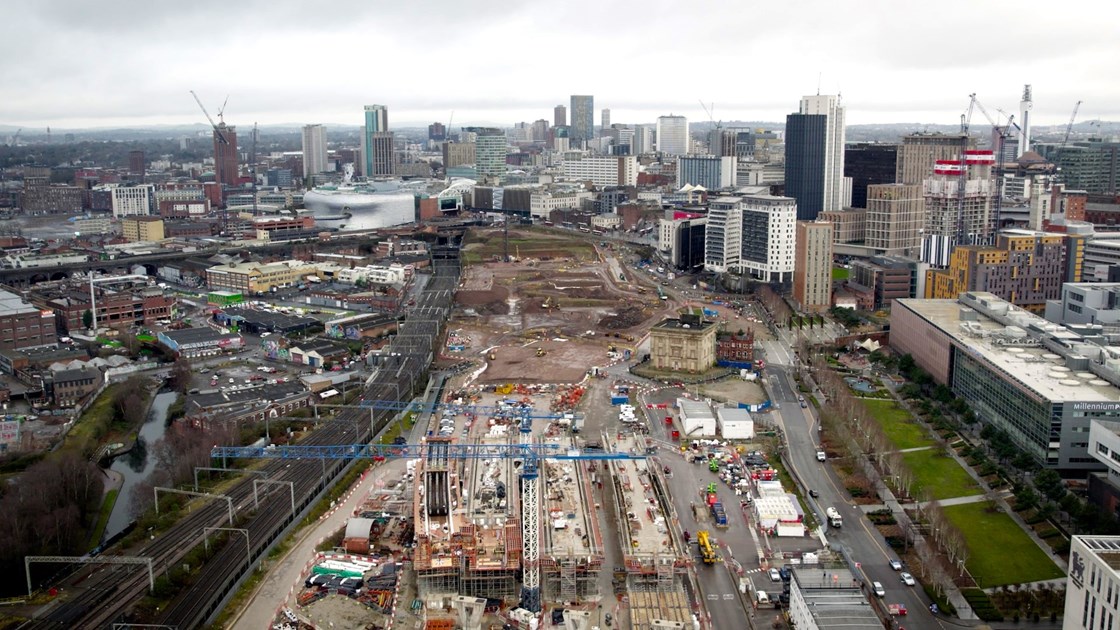 Aerial view of HS2's Curzon Street Station site in central Birmingham