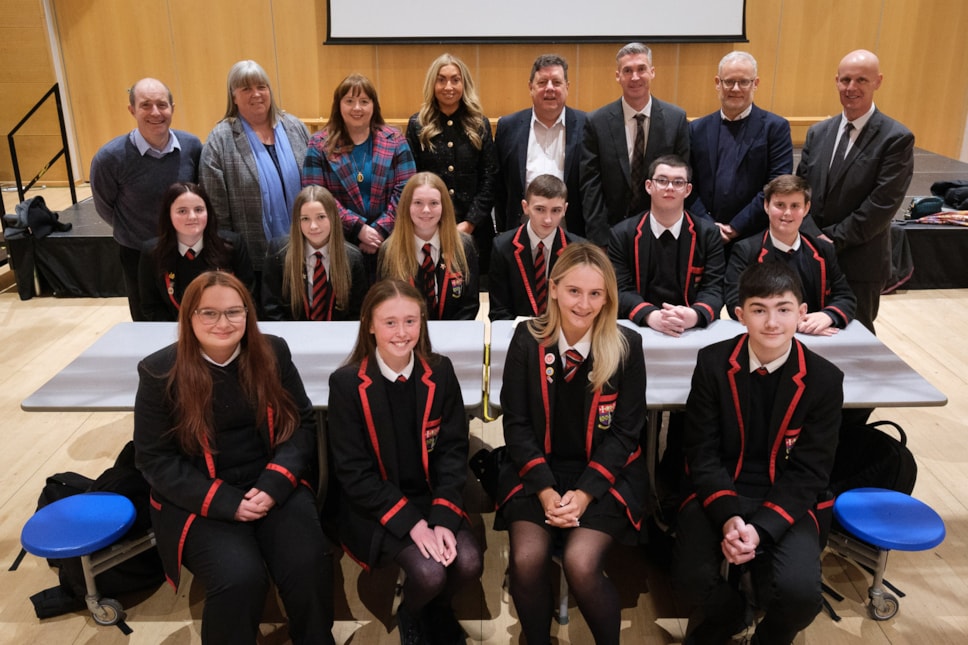 Cllr Reid with Cllrs Watts, L Mabon, Cowan, Acting HT Mrs Buchanan, Cllr G Barton, Andrew Kennedy and Graham McGinn with the school captains