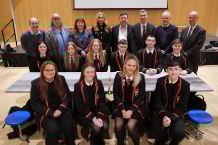 Cllr Reid with Cllrs Watts, L Mabon, Cowan, Acting HT Mrs Buchanan, Cllr G Barton, Andrew Kennedy and Graham McGinn with the school captains
