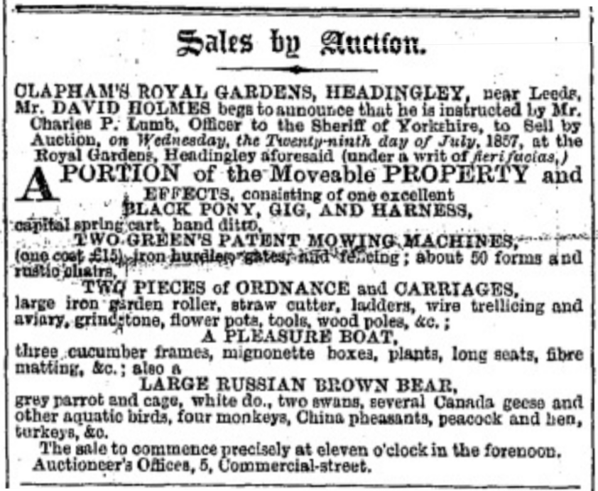 A Garden Through Time: Advertisement for the auction which would sell some of the assets of the Leeds Zoological and Botanical Gardens when it was forced to close. Items up for sale included a large Russian brown bear.