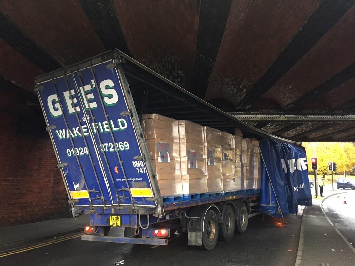 A lorry stuck under a bridge at Horbury Junction, Wakefield on 14 November 2016