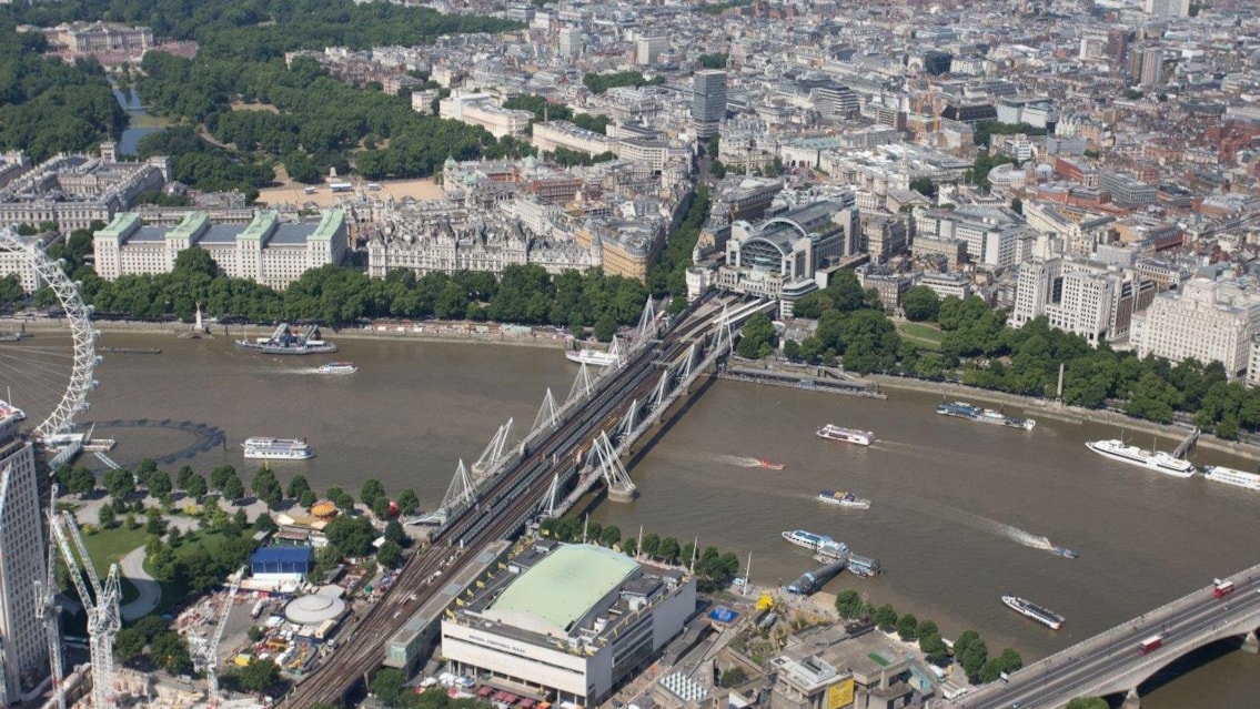Charing Cross and Waterloo East stations to close for 22 days this summer for major upgrades, but routes into London remain open: Aerial shot of Charing Cross station