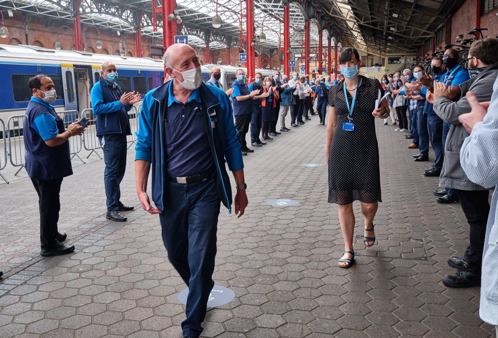 Staff perform a socially distanced guard of honour at Marylebone station for Neville Royce who was escorted by Interim Managing Director Mary Hewitt