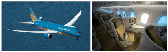 Pictured (l-r) - Vietnam Airlines B787-9 Dreamliner; Vietnam Airlines B787-9 Dreamliner Business Class cabin