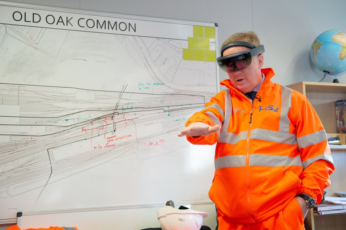 Augmented Reality at Old Oak Common Station with Mark Thurston March 2020: Credit: HS2 Ltd.
Mark Thurston at Old Oak Common railway station, London, 9th March 2020. Mark Thurston, CEO HS2, visits the construction activity at the Old Oak Common site, using the augmented reality headset, being interviewed by London media and talking about plans for the Old Oak Common site
Internal Asset No. 15223
