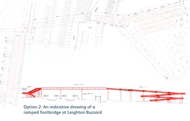 Indicative drawing showing option 2 - installation of a new ramped footbridge at Leighton Buzzard: Indicative drawing showing option 2 - installation of a new ramped footbridge at Leighton Buzzard