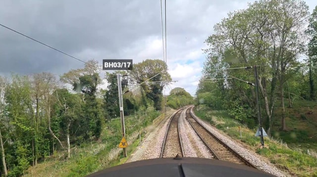 One of 16 overhead line support masts on the Harwich branch which is starting to lean – they will all be replaced to keep services moving safely and reliably. Credit: AIVR by One Big Circle