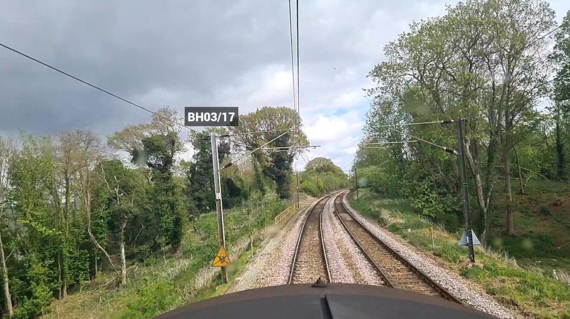 One of 16 overhead line support masts on the Harwich branch which is starting to lean – they will all be replaced to keep services moving safely and reliably. Credit: AIVR by One Big Circle