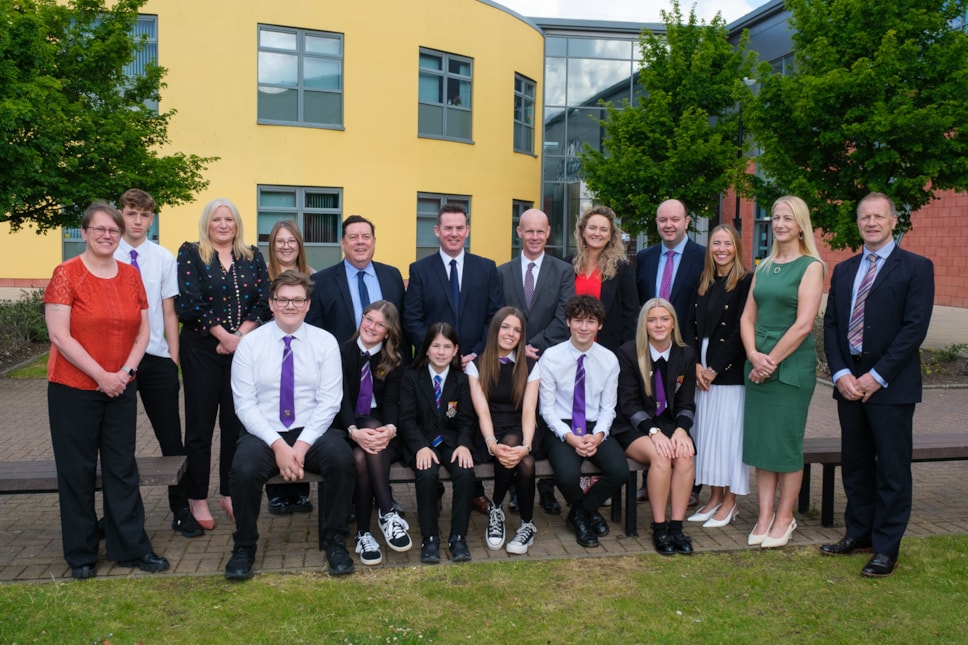Cllrs Reid, Sangster and Adams with Linda McAulay-Griffiths congratulate Head Teacher Scott Robertson and his team
