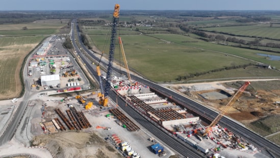 HS2 beam lift progress for Brackley’s A43 bridge: A43 Beam installation aerial view March 2025