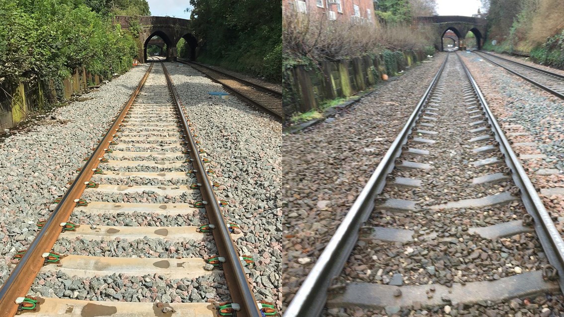 Track upgrade means faster and reliable journeys for passengers on the Mid-Cheshire line: Bleeding wolf track before and after