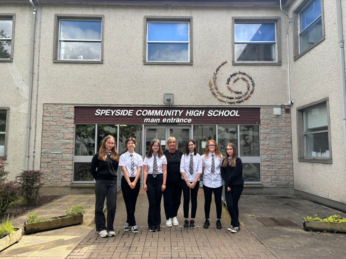 Speyside High School pupils celebrate their exam success in 2024 with Head Teacher, Patricia Goodbrand.

Left to right: Isla Ford; Rhiannon Horton; Leah Kennedy; Mrs. Patricia Goodbrand; Caroline Forget; Kayla Smart; Violet Irvine.