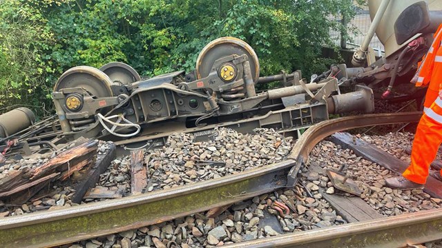 Close up of wheels from derailed freight wagon in Carlisle