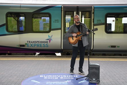 Jimmy Page performs at the TransPennine Express Eurovision Song Zone