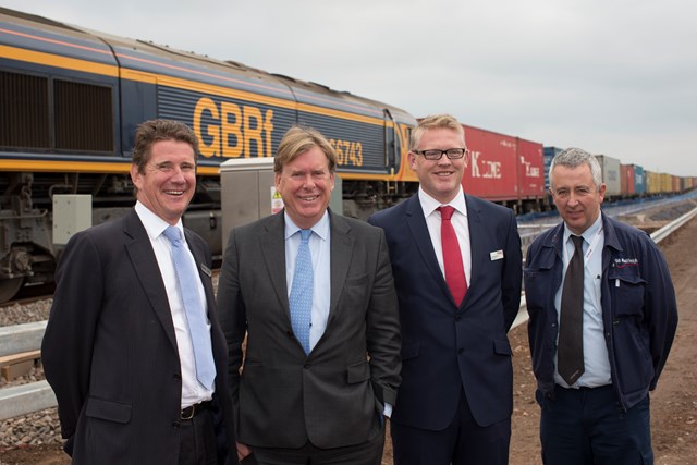 Official opening of Nuneaton North Chord: l-r John Smith, managing director, GB Railfreight; Rt Hon Simon Burns MP, transport minister; Tim Robinson, director of freight, Network Rail; GB Railfreight train driver Mark Winkworth at the official opening of Nuneaton North Chord (14 Nov 2012). The train  is 4M29 the 0412 from Felixstowe to Barton Dock