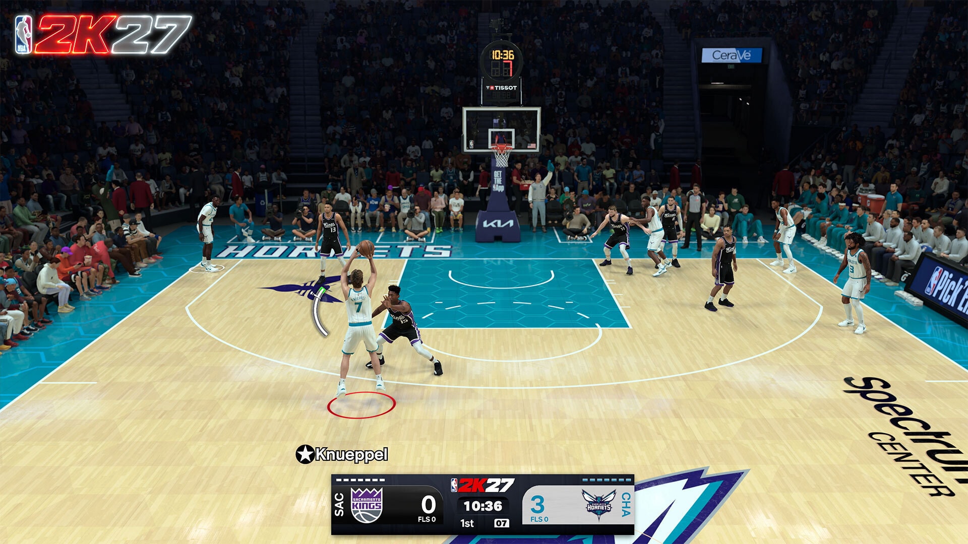 An NBA 2K27 player releasing a jump shot with a green timing indicator visible on the floor beneath him as a defender closes out