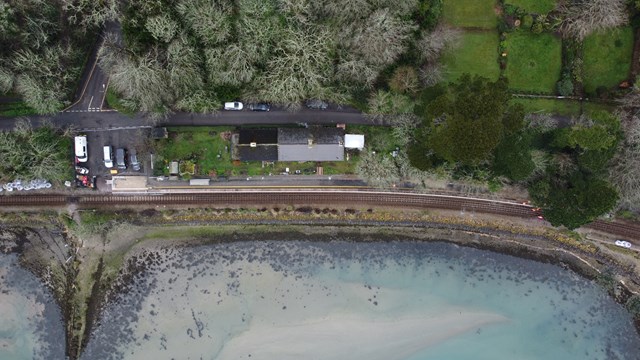 Thousands of extra seats to St Ives following West Cornwall rail upgrades: Lelant station with extended platform aerial