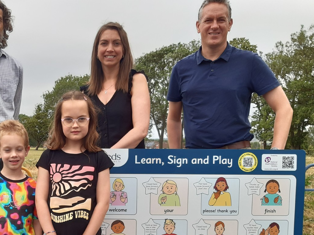 BSL signs at Stanningley Park: Bryony Hughes, who runs Leeds Deaf Children’s Society, with Chris Hughes and children Nicole and Spencer.