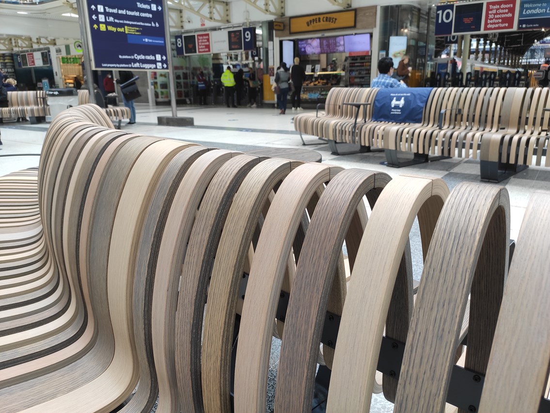Greener and cleaner new seats installed at Liverpool Street station: Liverpool Street seating