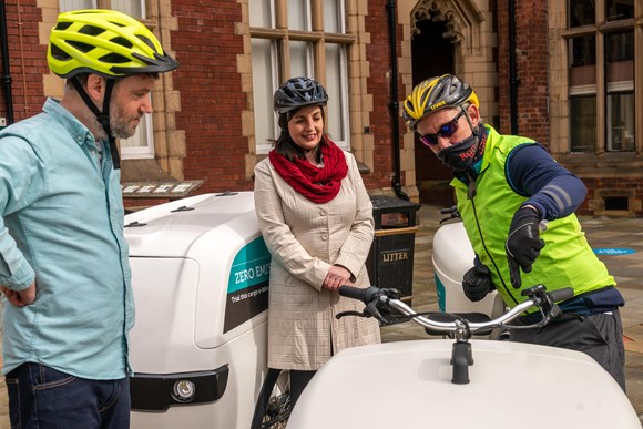 Councillor Peter Carlill and Councillor Helen Hayden being shown how to use e-cargo bikes