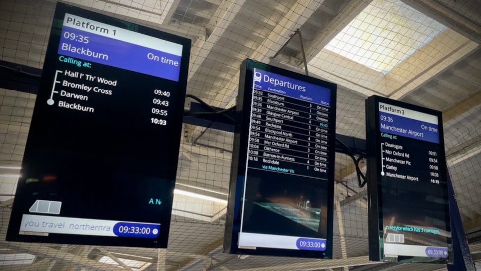 This image shows the new full colour screens being installed across Northern stations
