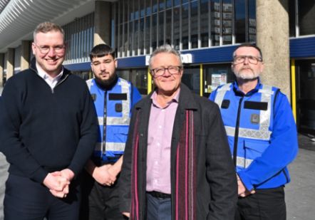 County Cllr and lead member for Highways and Active Travel Scott Smith, Public Transport Safety Officer Roman Karasz, County Cllr and cabinet member for Highways and Transport Rupert Swarbrick and Senior Public Transport Safety Officer Duncan Whitehead (l-r) at Preston Bus Station