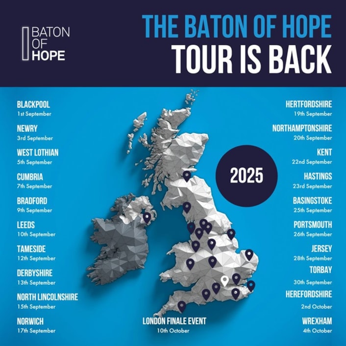 Baton of Hope tour 2: Image shows a map of Great Britain with pins where the tour is due to stop.