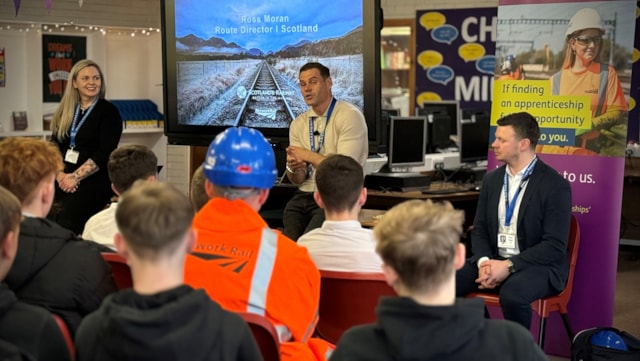 Network Rail and Perth High School pupils explore future careers during Scottish Apprenticeship Week: Perth High visit - Clare Farrell, Ross Moran, Lee Ross of Network Rail