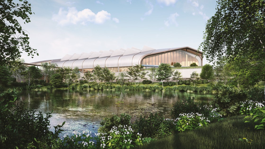 View of HS2 Interchange Station from the lake: Credit: HS2 Ltd