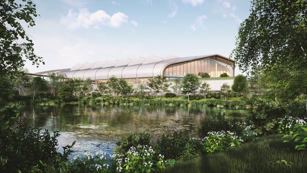 HS2 Ltd shortlists bidders to build Interchange Station in Solihull: View of HS2 Interchange Station from the lake