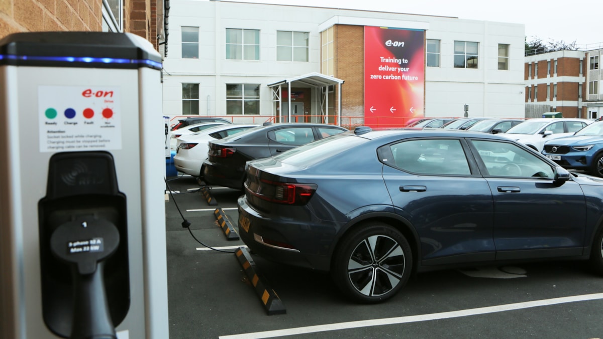 EV charging at E.ON's Net Zero Training Academy, UK cropped