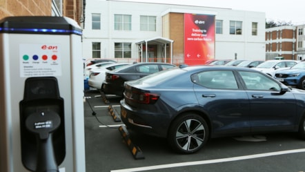 Exterior shot of electric vehicle (EV) charging vehicles outside E.ON's Net Zero Training Academy.