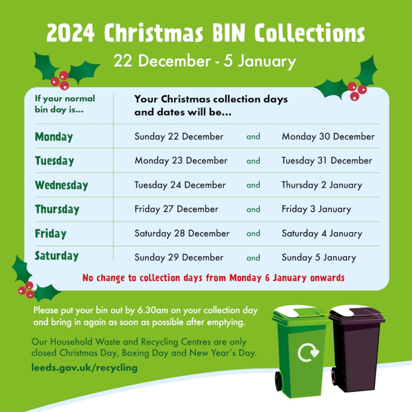 “It’s the most bins-are-full time of the year!” message as Leeds Christmas bin collection dates confirmed: Leeds Xmas Bins calendar for Web and Social Media 1080x1080px