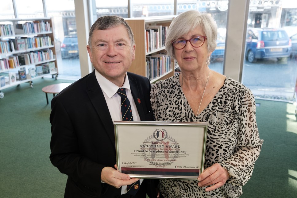 County Councillor Peter Buckley and Jennifer Jaynes from Preston City of Sanctuary