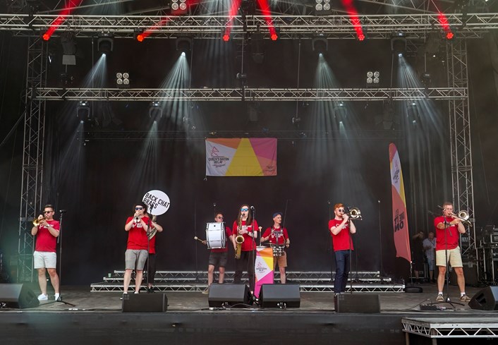 Back Chat Brass: Back Chat Brass performing at Birmingham 2022 Queen's Baton Relay event at Millennium Square, Tuesday 12 July 2022