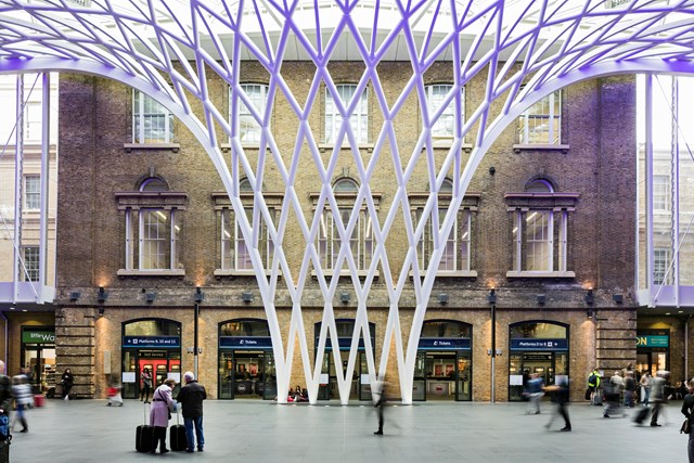 King's Cross railway station - roof lit up from front