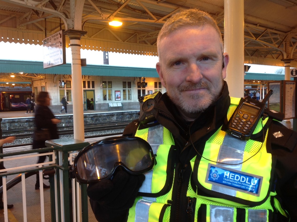 BTP Chief Inspector for Wales Mark Cleland with the 'beer goggles' passengers are being invited to try out