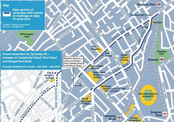 TfL Press Release - Construction work to start on Cycleway 50, a major new route between Finsbury Park and Holloway Road: TfL Image - Cycleway 50 Map