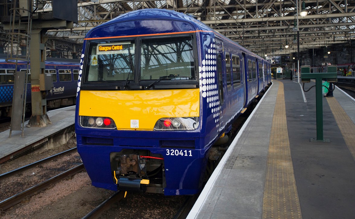 Latest c320 refurbished train added to the ScotRail fleet on platform at Glasgow Central Station