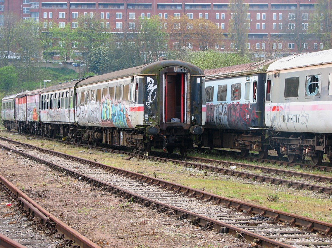 Graffiti vandalism on trains - Alexandra Palace, North London: Examples of vandalism in the form of graffiti on trains in sidings.
April 2006
