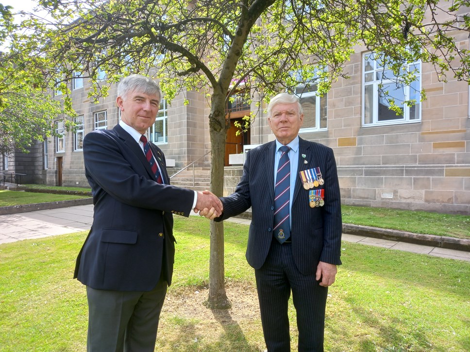 Former Moray Council Armed Forces Champion, Cllr Donald Gatt with newly appointed Armed Forces Champion, Cllr Peter Bloomfield